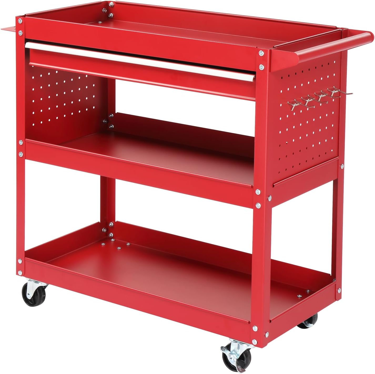 3-Tier Rolling Tool Cart, Heavy Duty Utility Industrial Service Cart on Wheels, with Locked Drawers, Ideal for