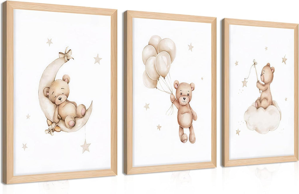 Framed Teddy Bear Wall Art Nursery Decor Set of 3, Bear Sleeping on The Moon and Stars Pictures Canvas, Neutral Bears