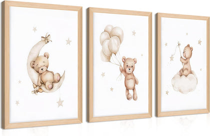 Framed Teddy Bear Wall Art Nursery Decor Set of 3, Bear Sleeping on The Moon and Stars Pictures Canvas, Neutral Bears