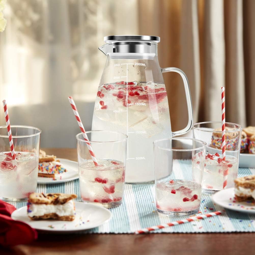 Glass Pitcher with Lid and Handle, Glass Water Pitchers, 2 Liter