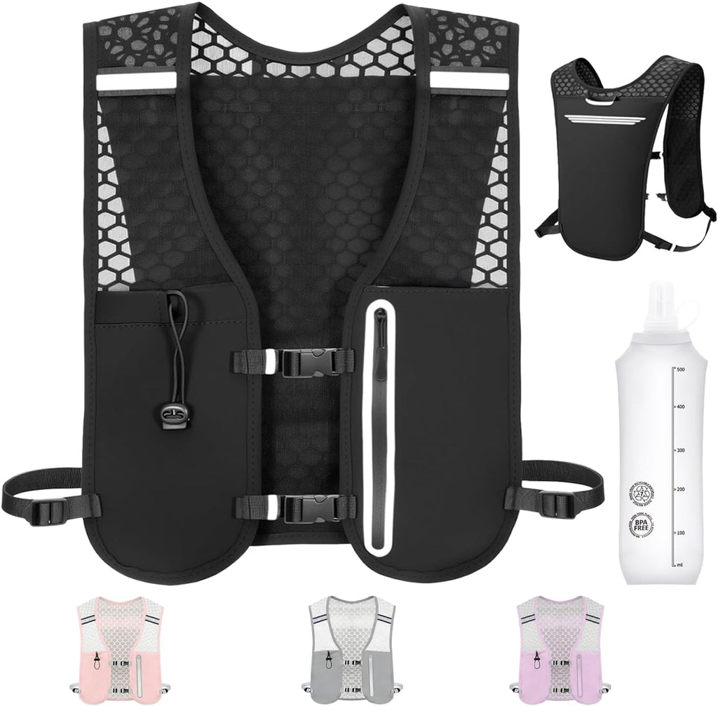 Running Hydration Vest, Adjustable Chest Straps Running Vest for Women Men with 500ml Soft Flask