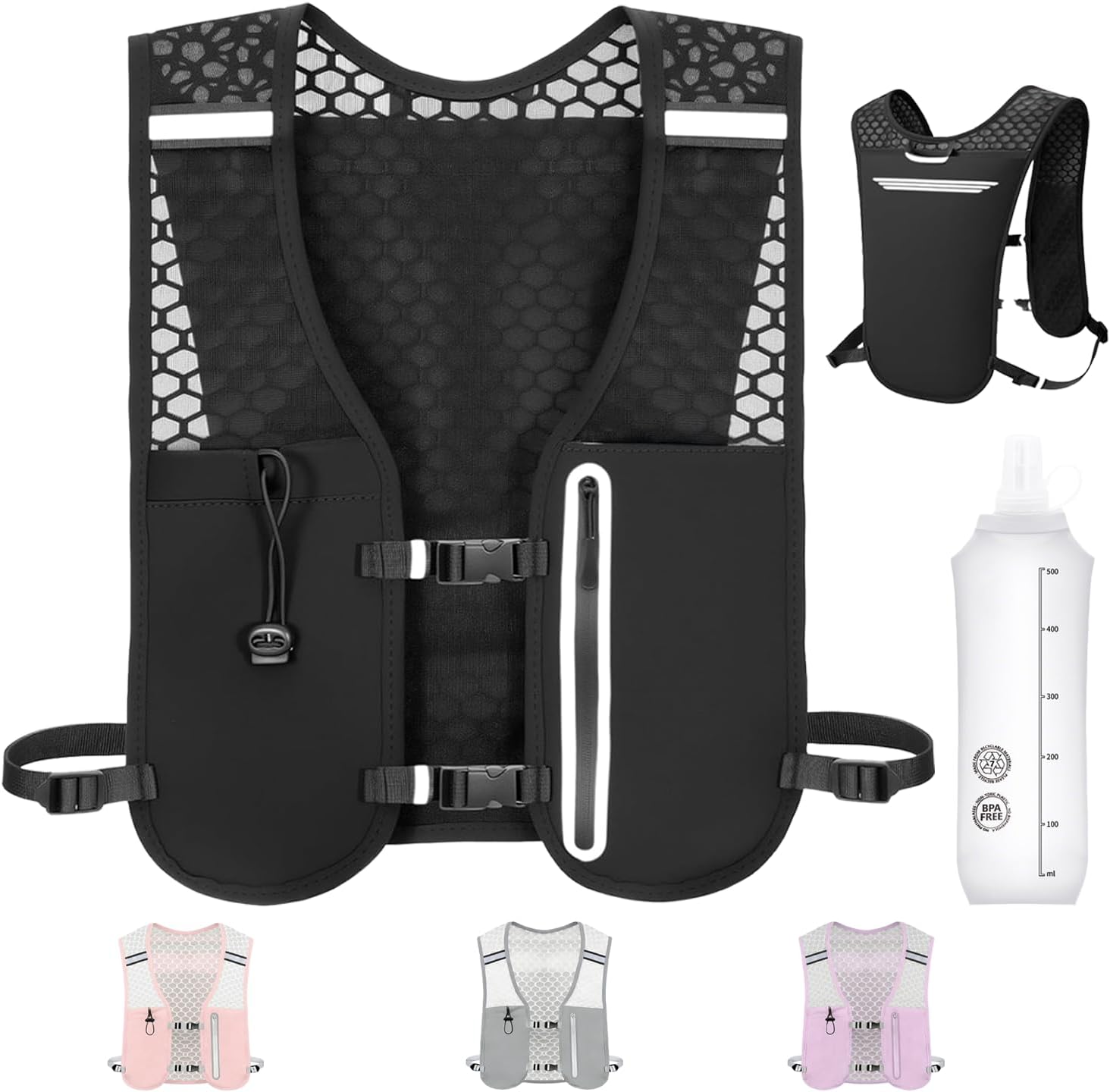 Running Hydration Vest, Adjustable Chest Straps Running Vest for Women Men with 500ml Soft Flask