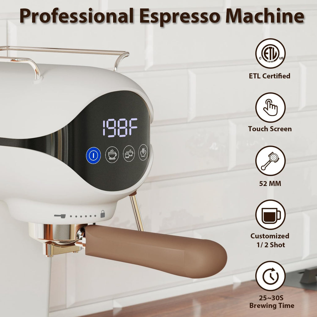 Espresso Machine with Steam Milk Frother Semi Automatic 20 Bar Compact White with Touch Screen for home Cafetera