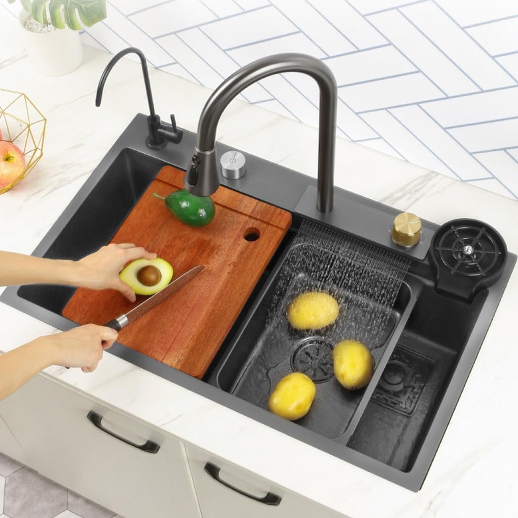 Black Waterfall Kitchen Sink, Drop in Single Bowl Stainless Steel Bar Sink with Cup Washer Sinks, Topmount