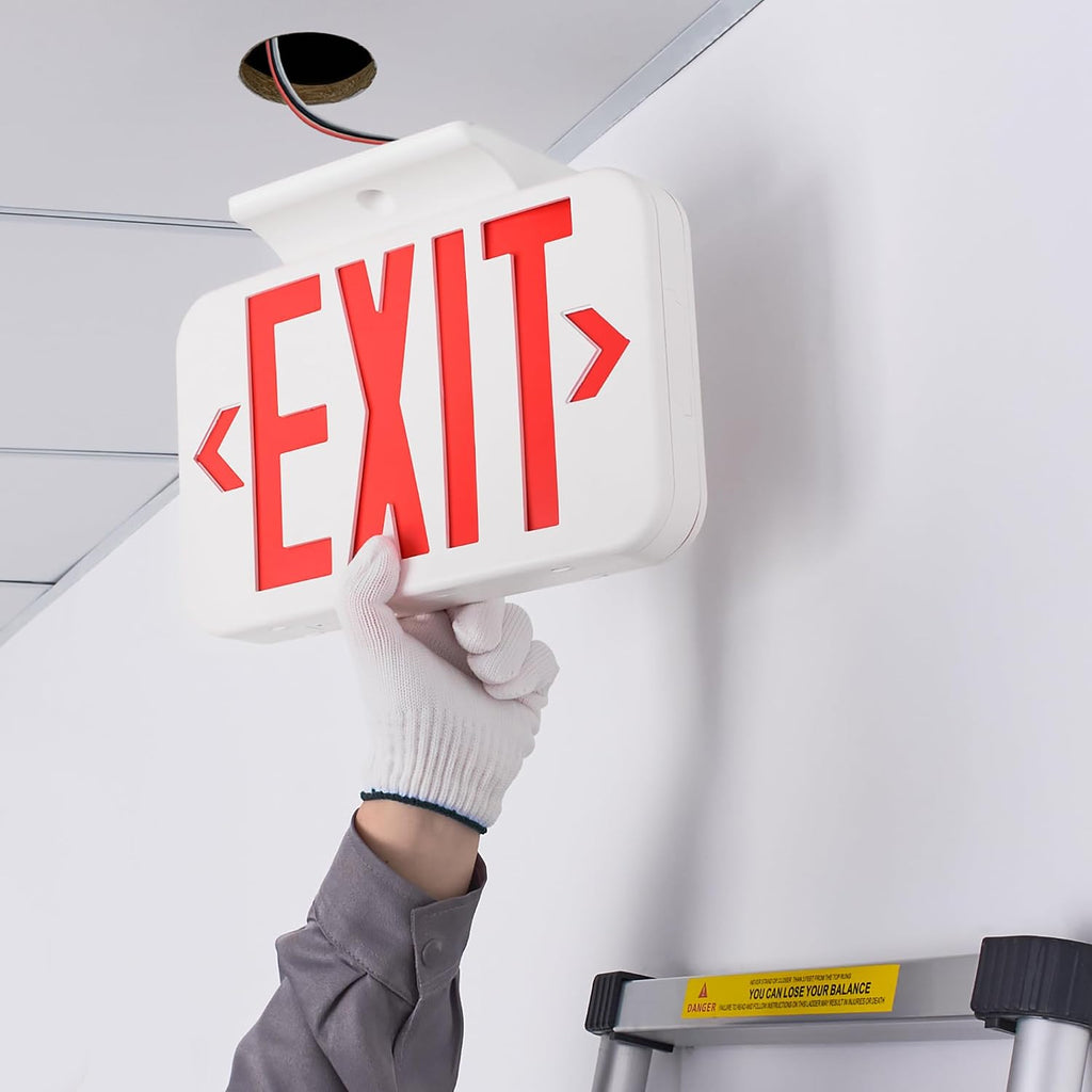 LED Emergency Exit Sign, Double Face, Fire Resistant, UL Certified, Hardwired with Battery Backup, White, 2-Pack