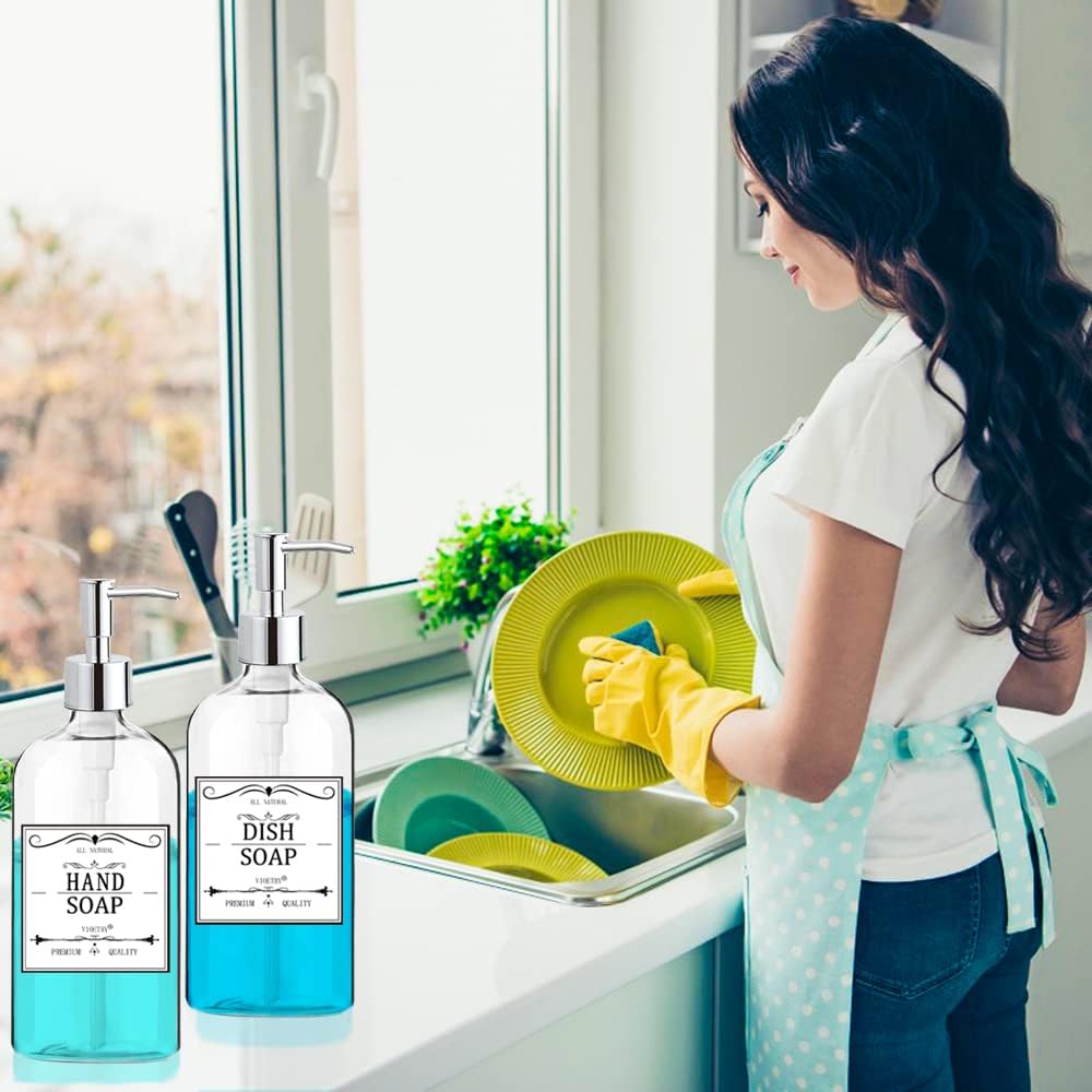 Clear Soap Dispenser with Rust Proof Pump, Waterproof Labels (2 Pack,16 Oz), Plastic Hand Soap Dish Soap Dispenser
