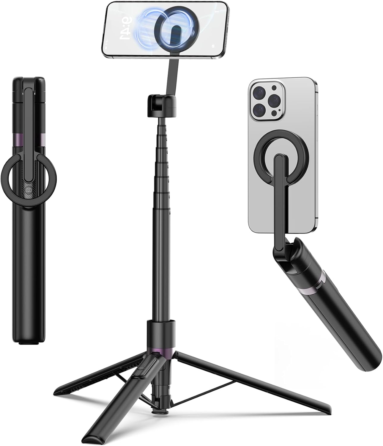 68" Magnetic Aluminum Phone Tripod Selfie Stick for iPhone & Android | Rechargeable Remote,360° Rotatable Foldable