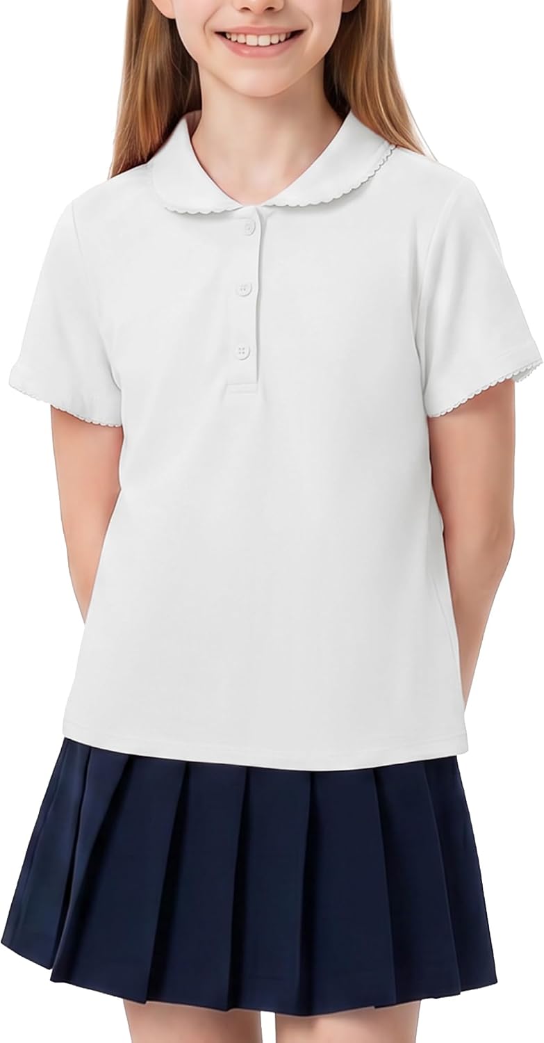 Girls Polo Shirts School Uniform Peter Pan Collar Short Sleeve Tops | Ruffle, Pique, Cotton-Blend, Button Down