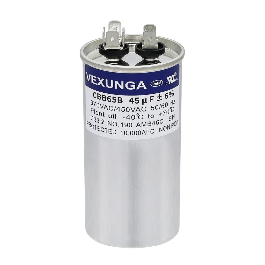VEXUNGA 45uF 45 MFD 370VAC 440VAC 450VAC 50/60Hz CBB65 CBB65B Run Start Capacitor for AC Unit Fan Motor Start or Pool Pump or Air Condenser Straight Cool