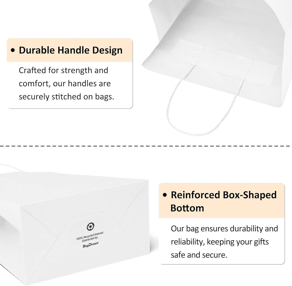 Medium Gift Bags with Handles 8x4.25x10.5 Inch White 50 Pack Bulk