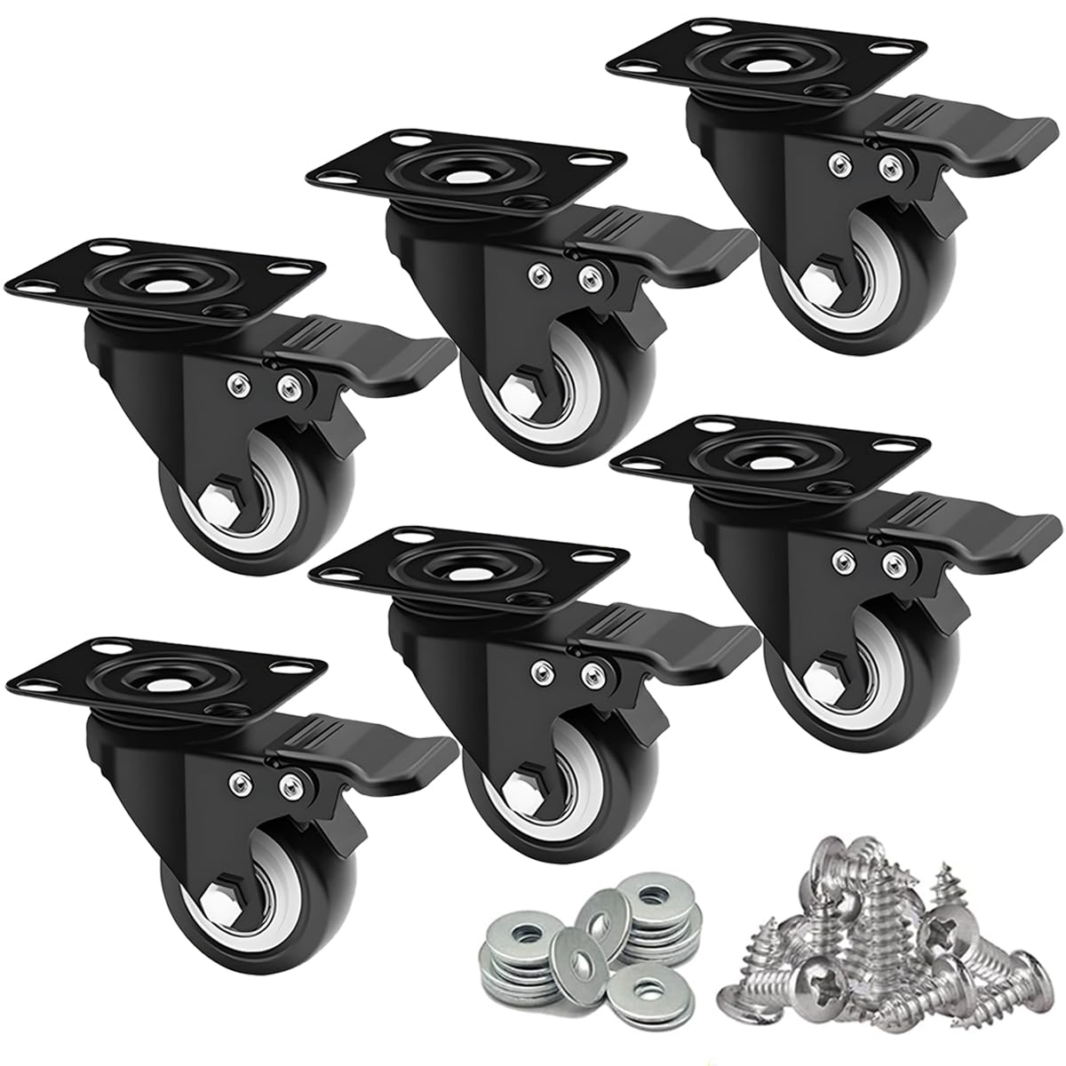 2 Inch Caster Wheels, Set of 6 Heavy Duty Swivel Plate Casters with Brake | Industrial Casters with Dual Ball