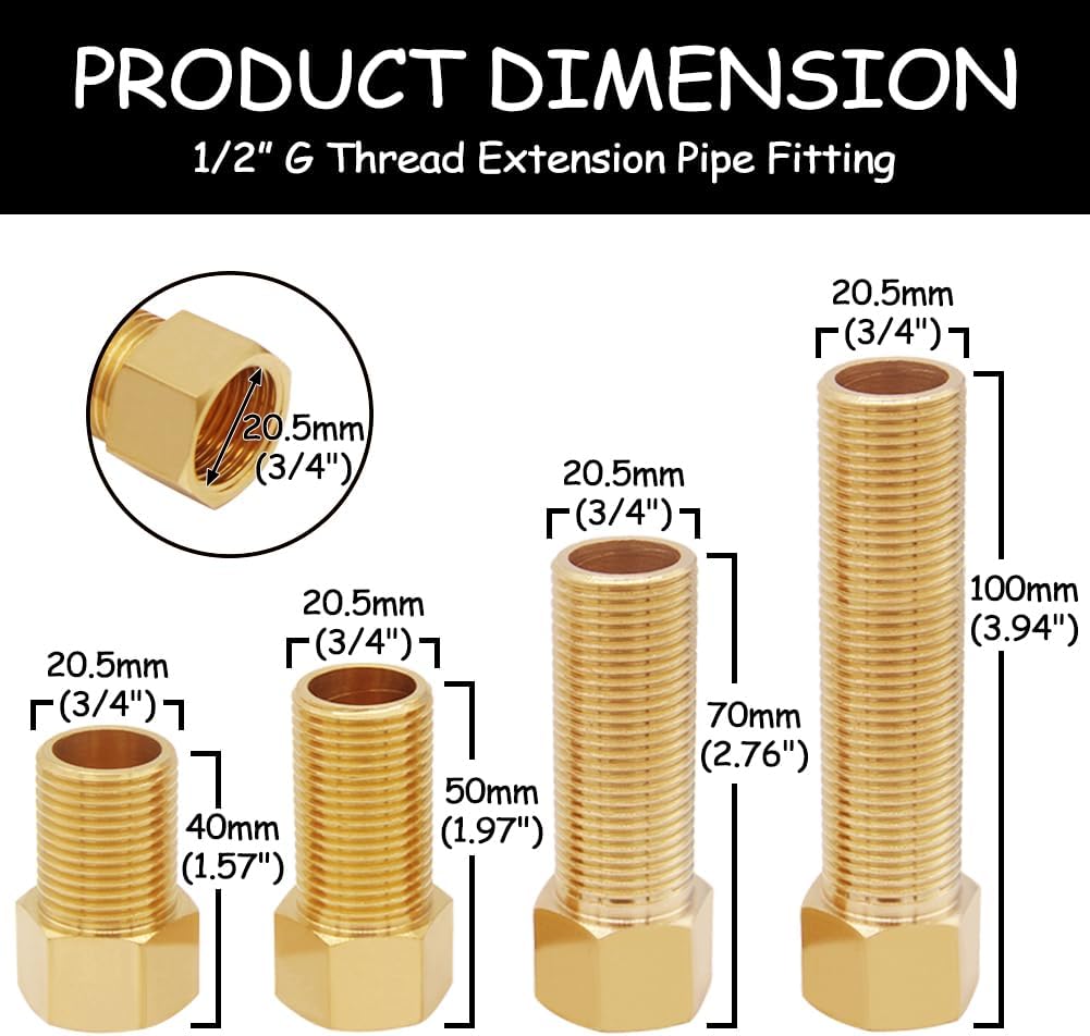 Uenede 1/2 Inch Brass Hex Extension Pipe Fitting Kit, 4PCS