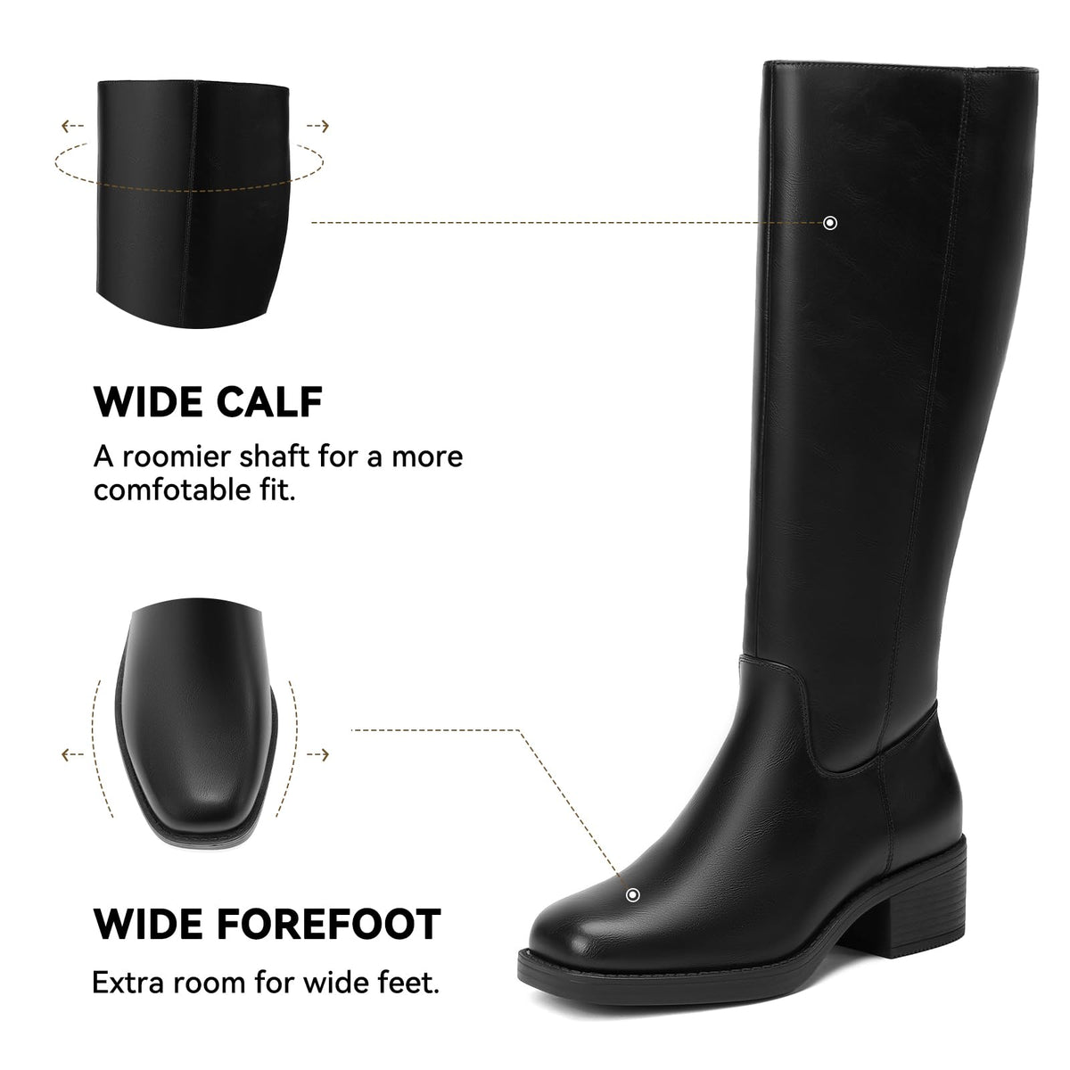 Black Knee High Boots for Women Tall Fall Boots Square Toe 7