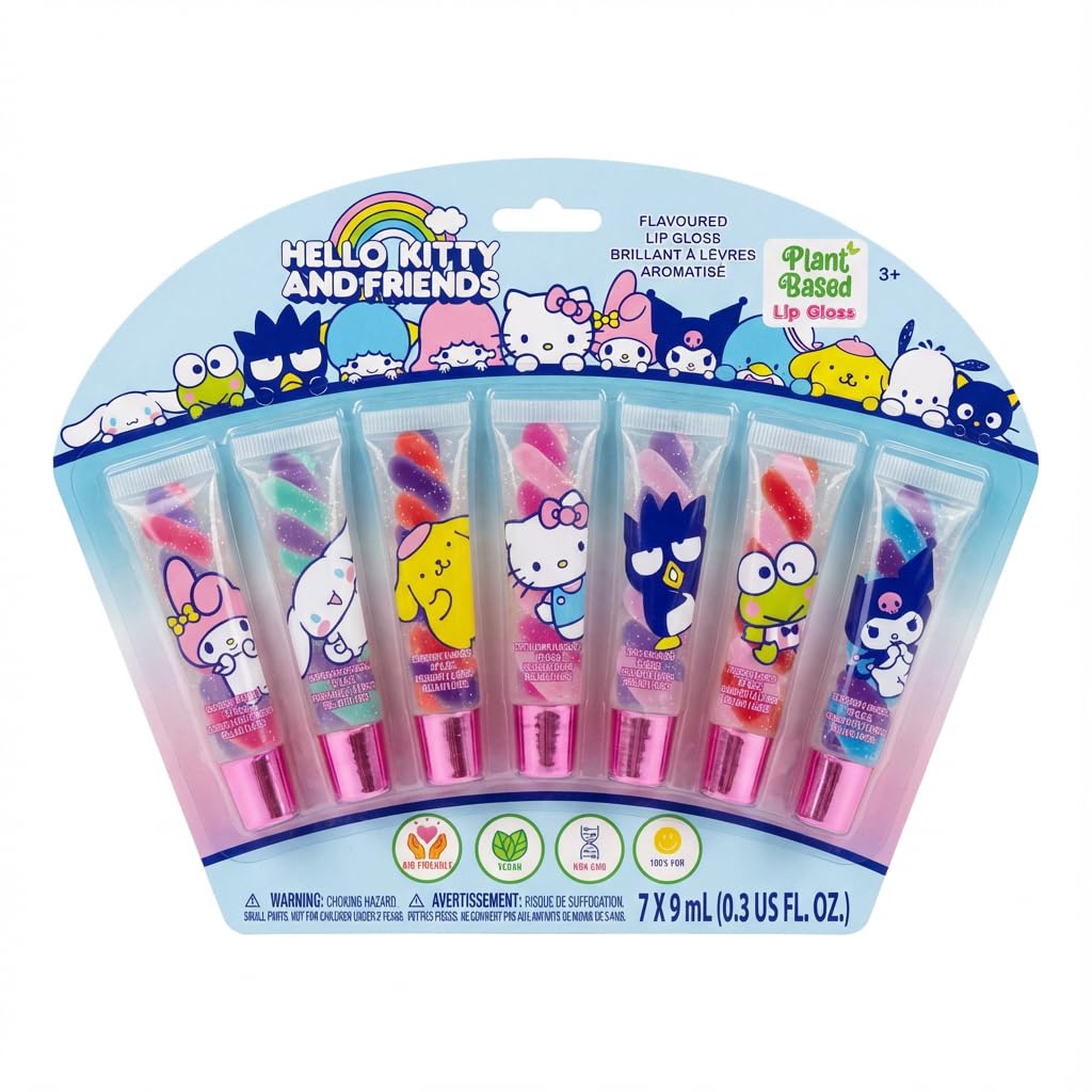 Hello Kitty Lip Gloss Set, 7-Piece Swirl Plant-Based, Ages 3+