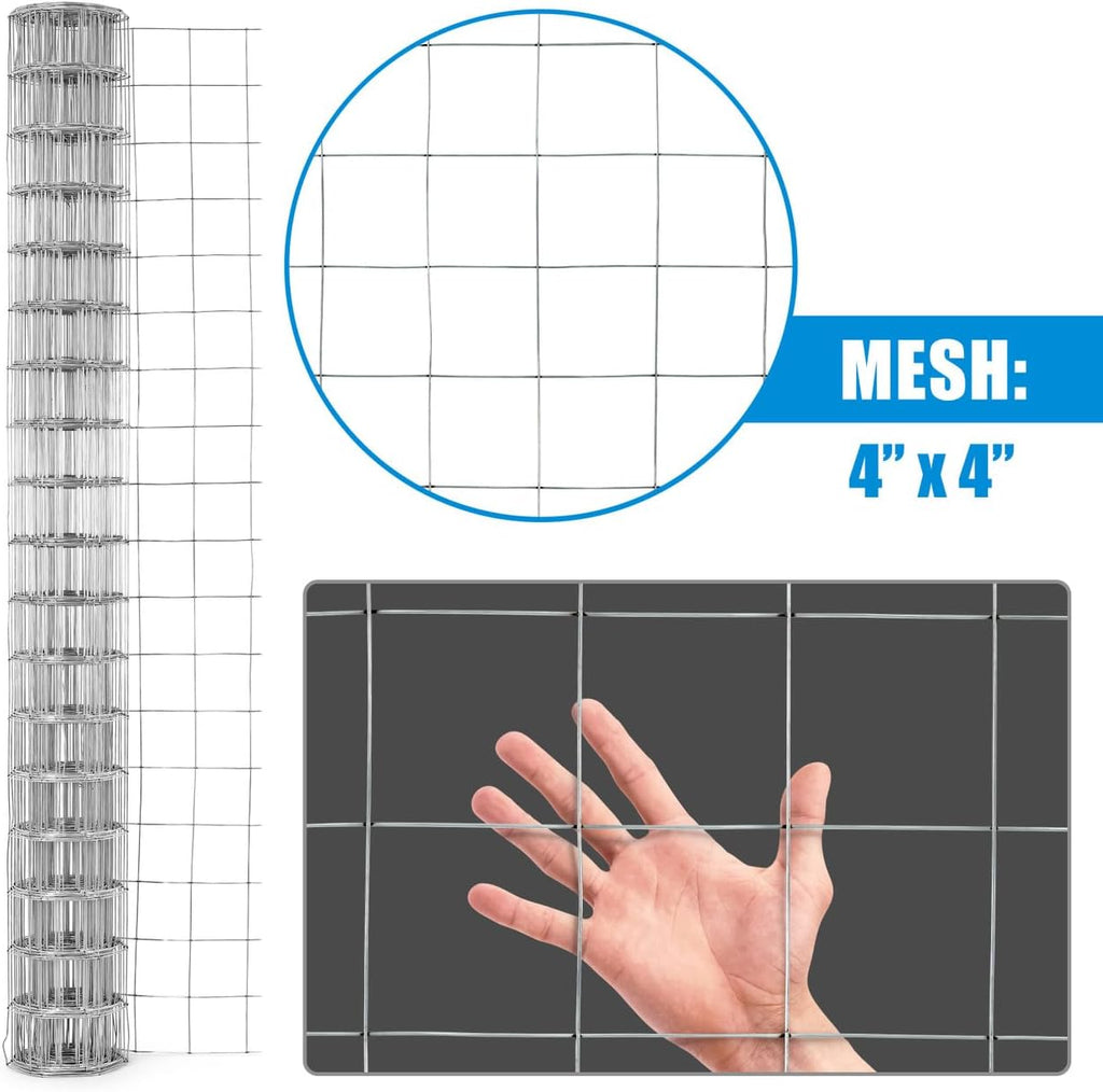 Welded Wire Fence 12.5 Gauge, Galvanized Welded Fence Wire Roll, Mesh Size 4-Inch x 4-Inch, Hog Wire Fencing Cage