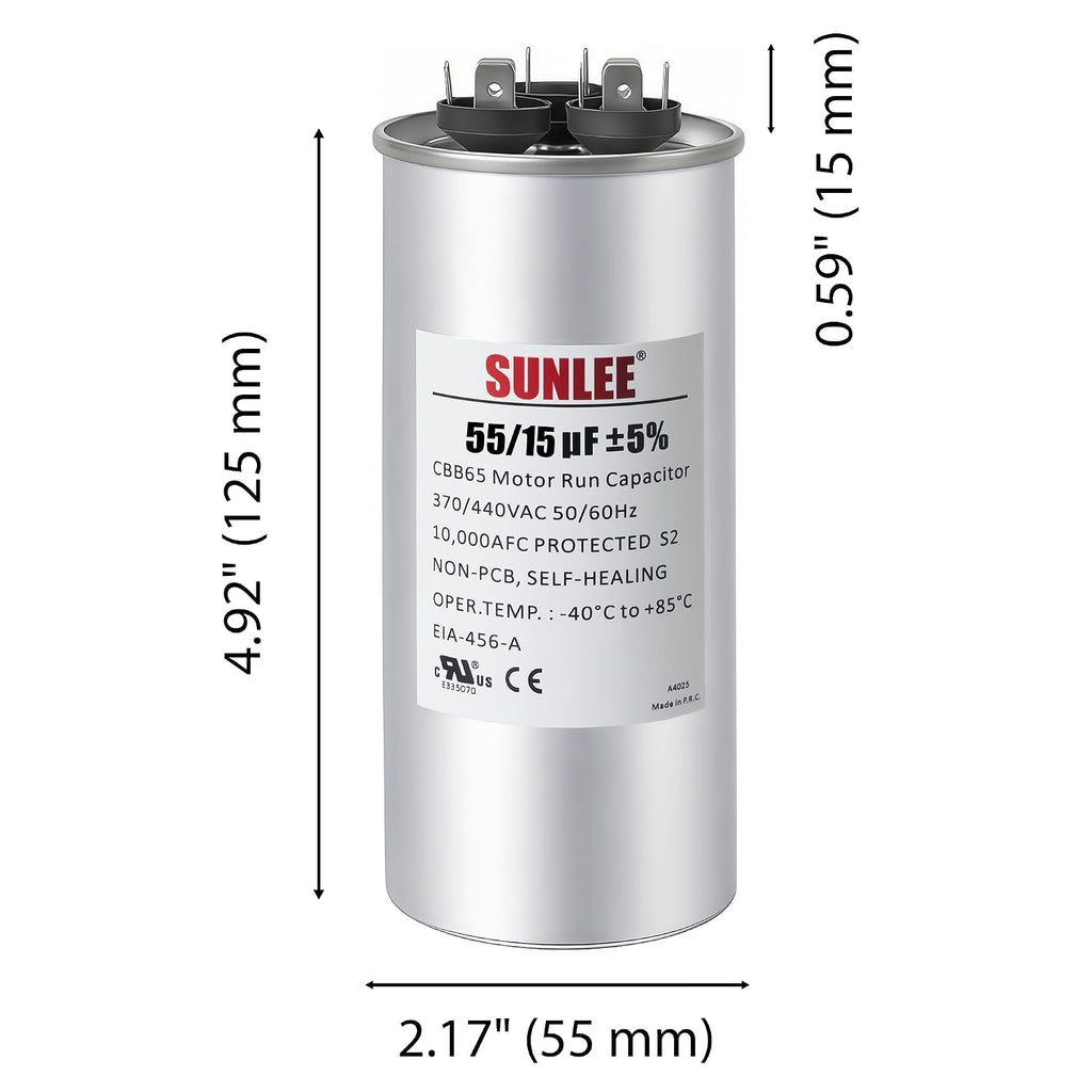 SUNLEE AC Capacitor 55/15 uF 370V / 440V CBB65 Dual Run Round - 55/15 MFD Run Capacitor for HVAC, Air Conditioner Condenser - UL Recognized & 5 Year Warranty
