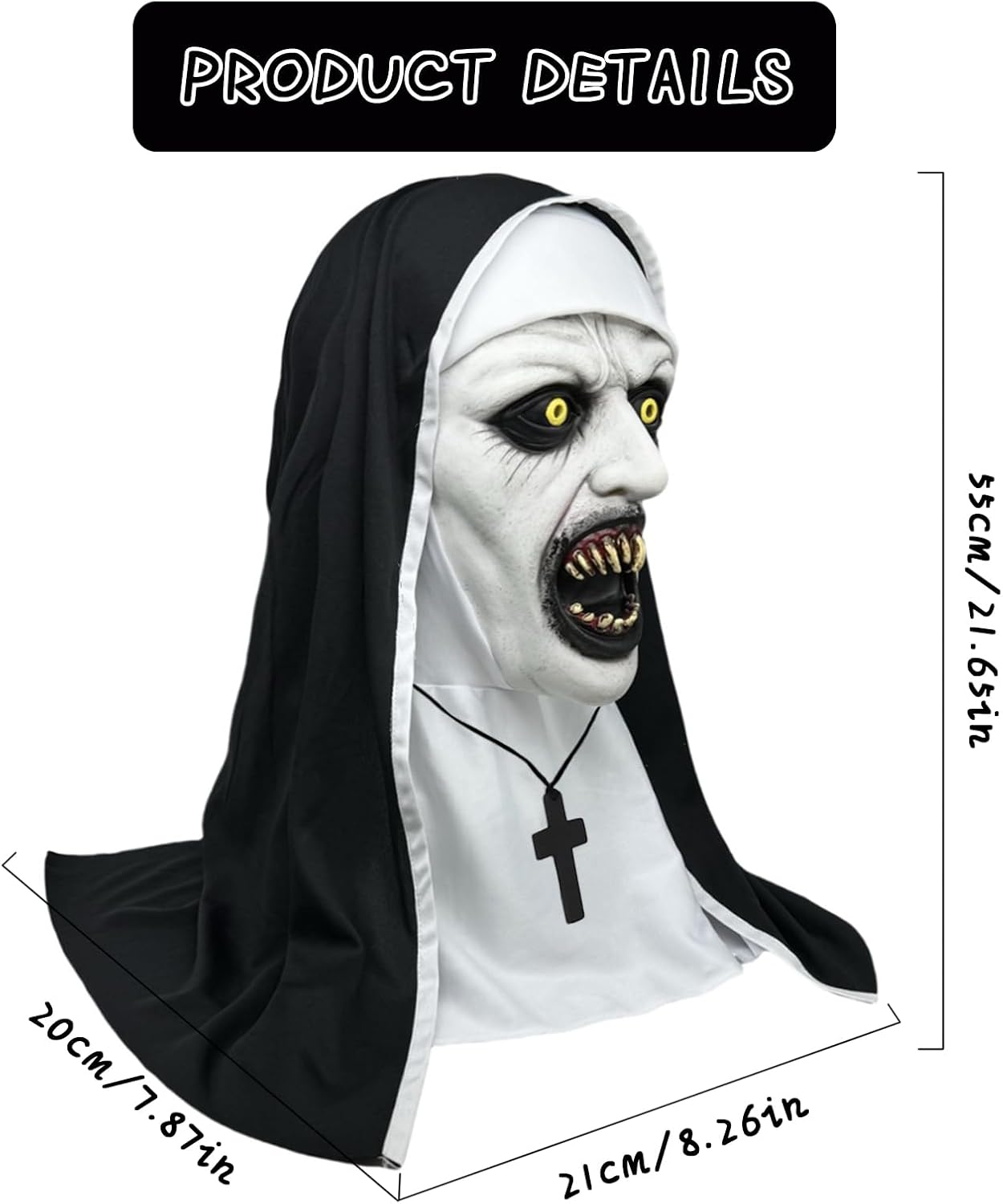 Nun Scary Latex Mask Halloween Party Horror Nun Mask Full Head Costume Creepy Mask with Cross Necklace(Fang)