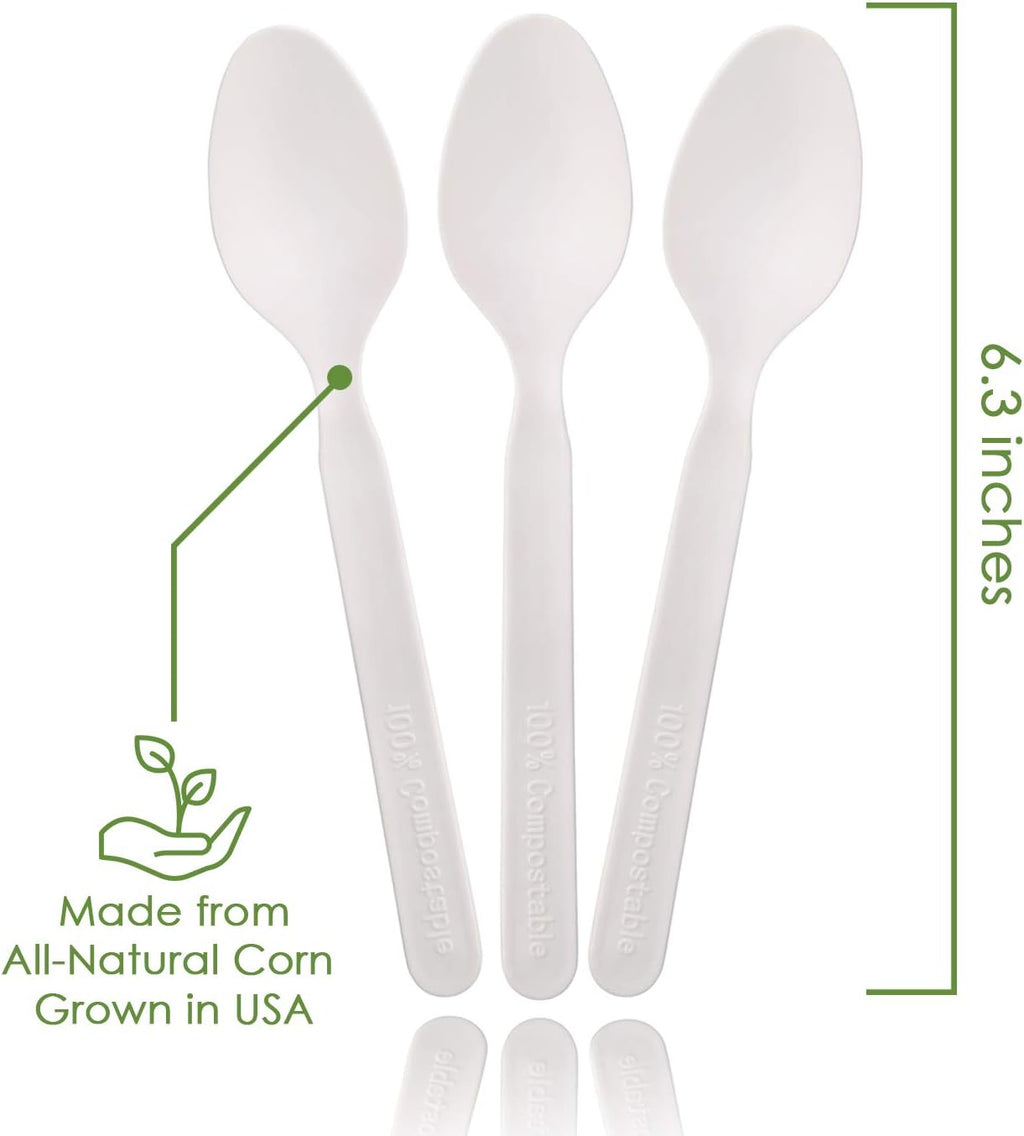100% Compostable Spoons - 140 Large Disposable Utensils (6.3 in.) Eco Friendly Durable and Heat Resistant Alternative
