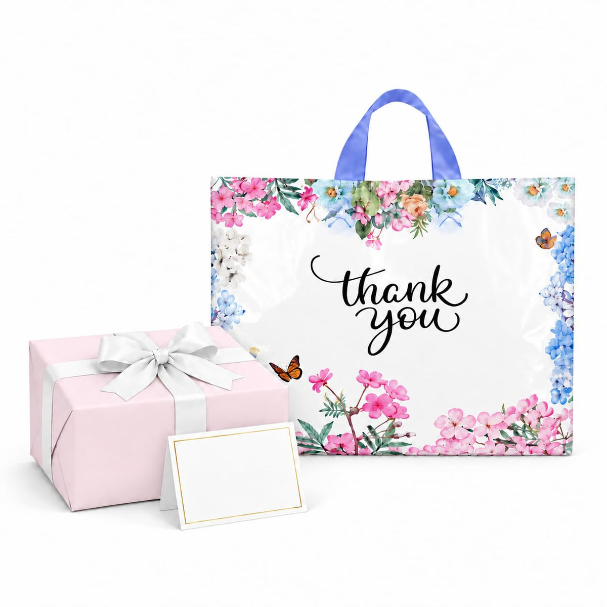 Thank You Bags With Soft Loop Handle for Business Retail, Boutique Bulk 50 Pack 15" W x 12" H Floral Plastic Shopping