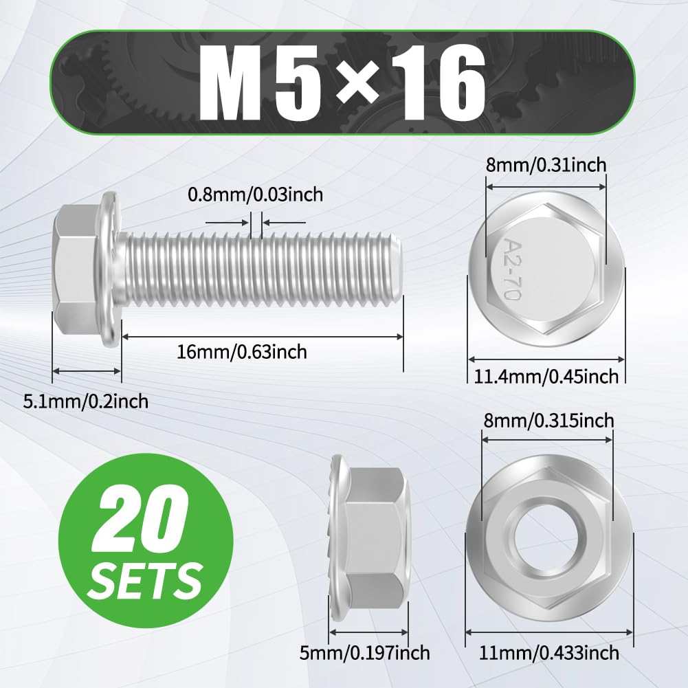 M5x16mm Flange Hex Bolts and Nuts Kit, 304 SS Metric Screws 20 Pack
