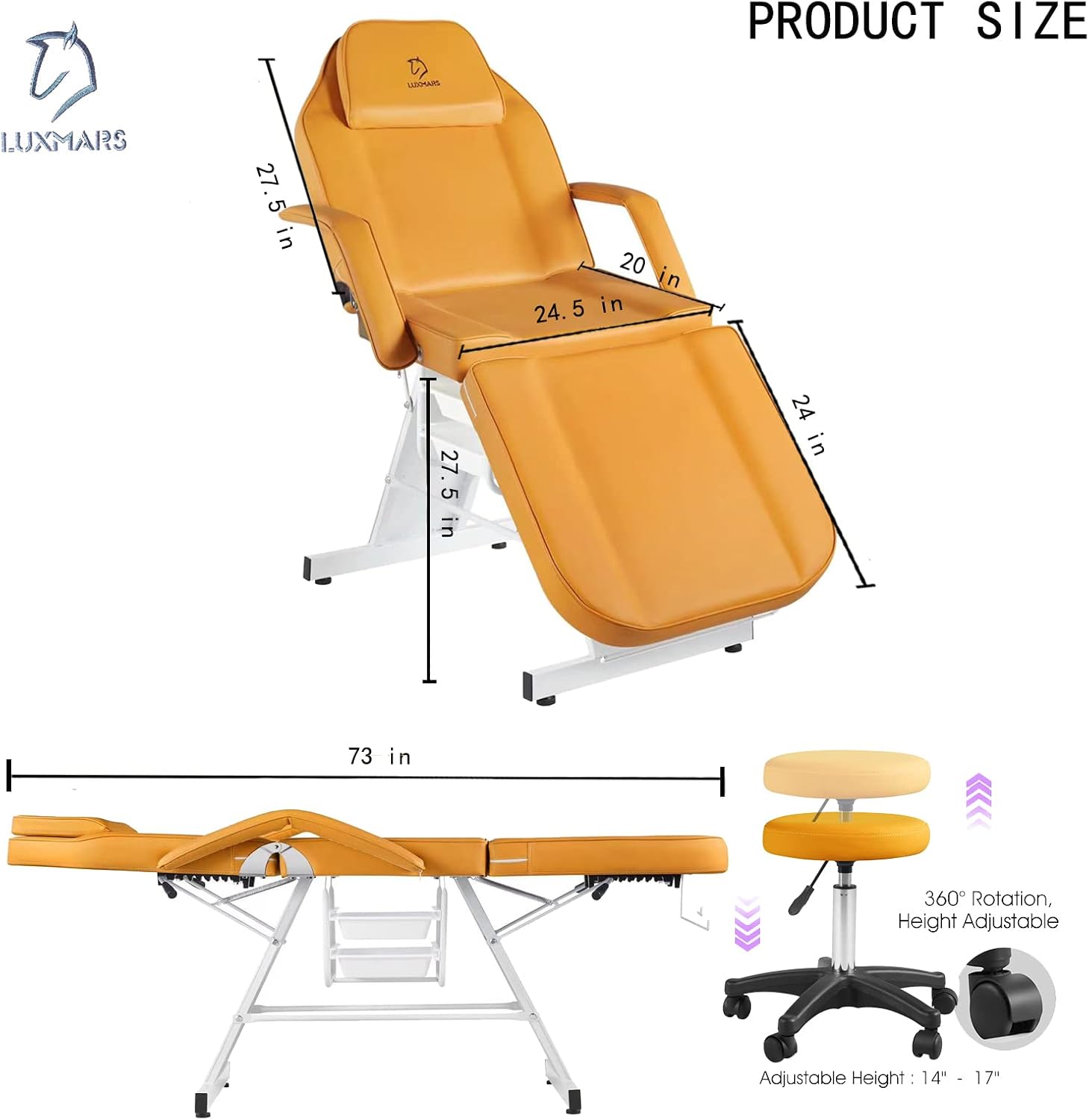 Facial Chair,73″ Tattoo Chair for Client,3-Section Adjustable Massage Table with Stool,Multipurpose Beauty Beds Salon