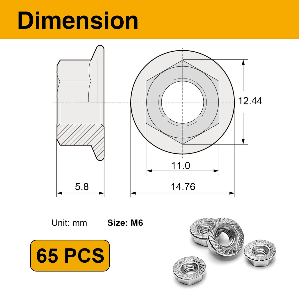65PCS M6 Serrated Flange Nuts, 304 Stainless Steel Hex Nuts