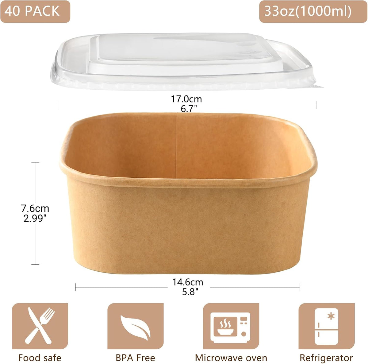 50 Sets 47 oz Disposable Kraft Paper Bowls with Lids - Square