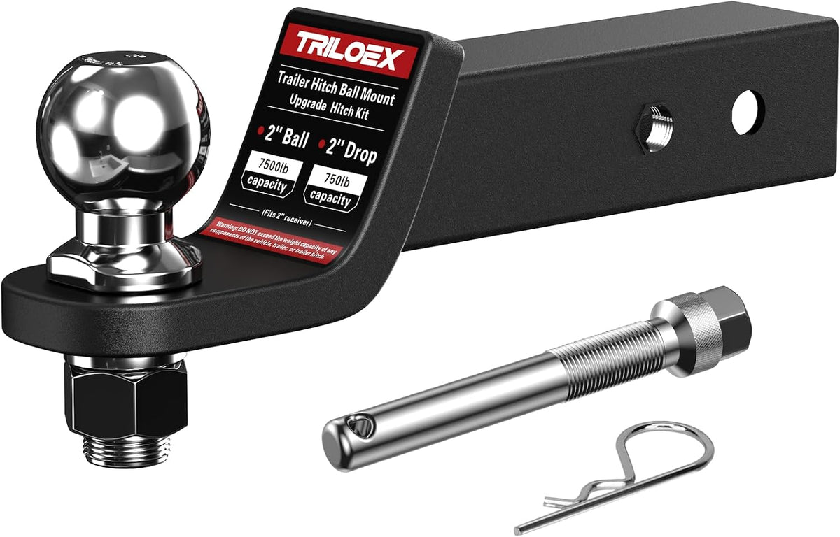 Trailer Hitch Ball Mount with 2-Inch Ball, Fits 2-in Receiver, 7,500 lbs, 2" Drop, Includes 5/8” Screw-in Hitch Pin