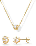14K Gold Plated Round Shell Pearl Jewelry Set for Women - Gold Pearl Necklace and Earring Set with Pendant Necklace