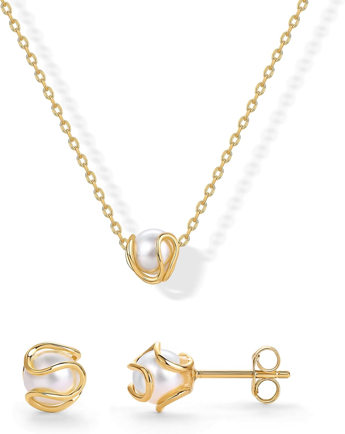 14K Gold Plated Round Shell Pearl Jewelry Set for Women - Gold Pearl Necklace and Earring Set with Pendant Necklace