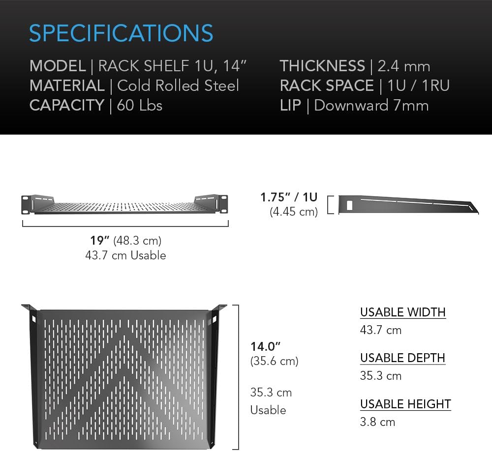 AC Infinity Vented Rack Shelf 1U, 14" Deep for 19" Server, AV Racks
