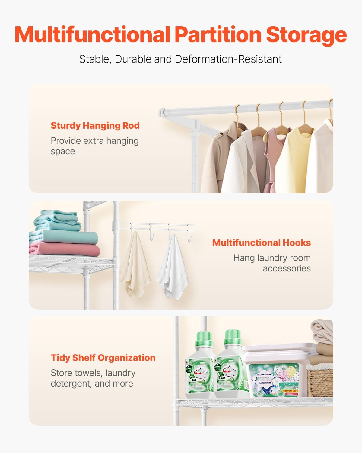 Over the Washer and Dryer Storage Shelf, 3 Tier Laundry Room Drying Rack with Hanger Rod and Hooks, Adjustable Over