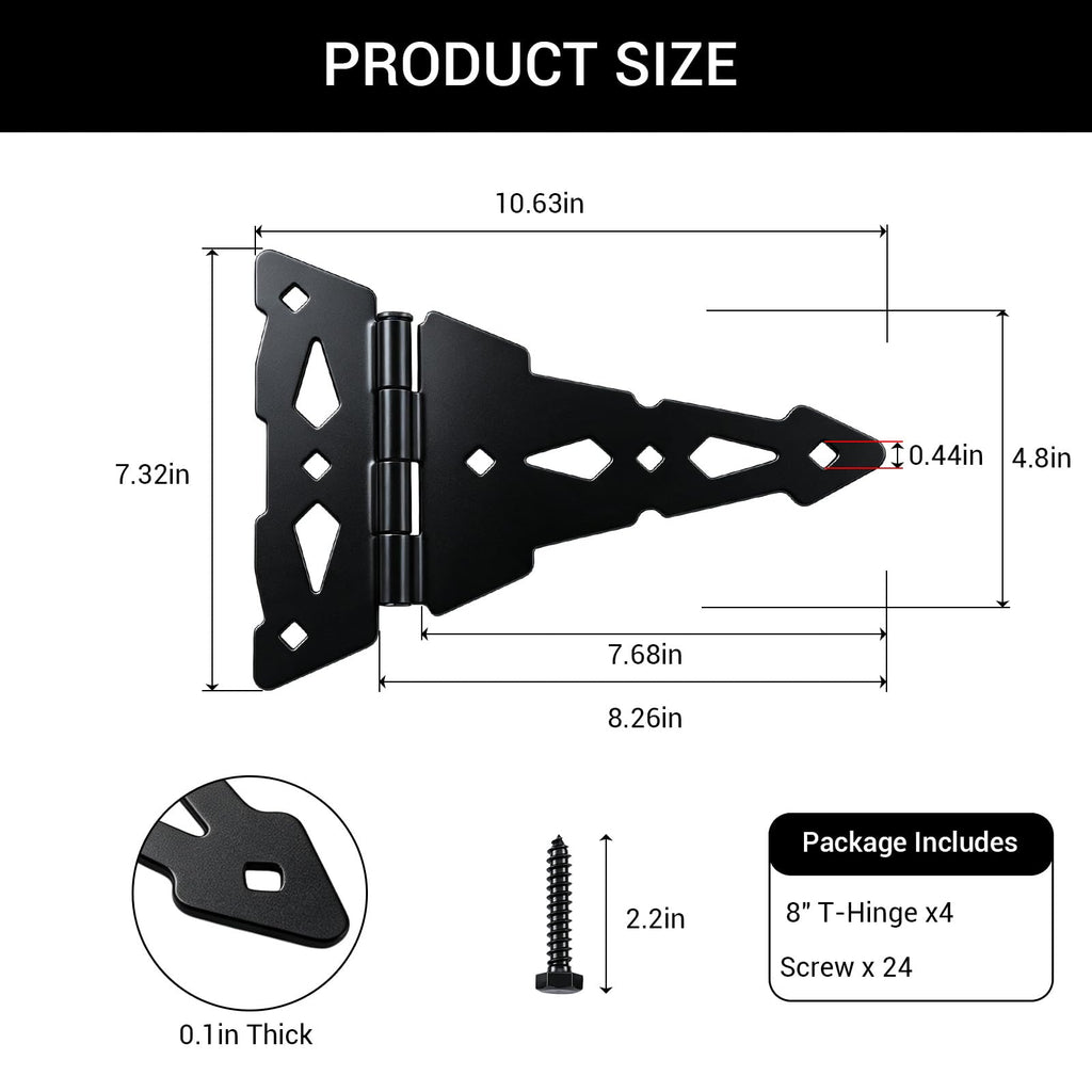 8" Heavy Duty Gate Hinges, 4 Pack T Strap Hinges