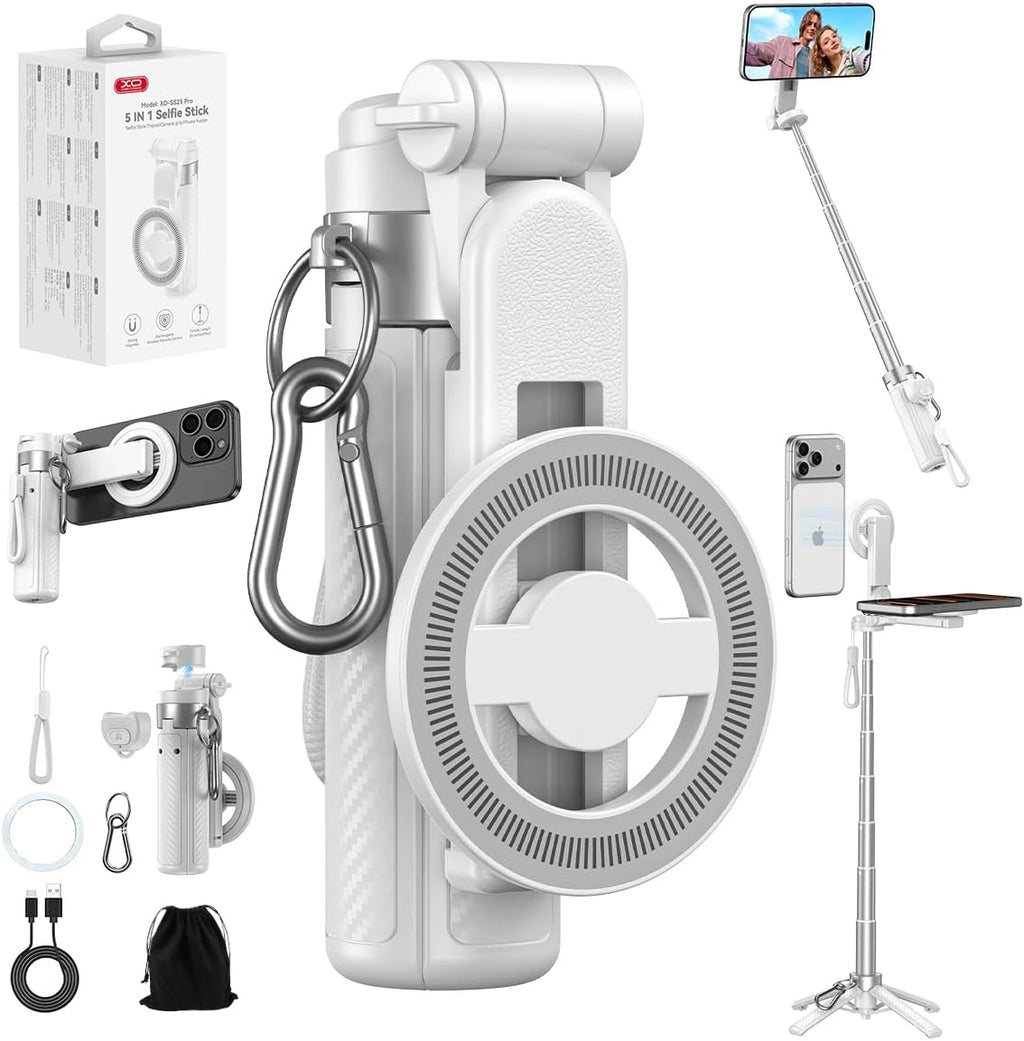 Upgrated 5-in-1 Magnetic Selfie Stick with Remote for Cell Phone 360° Rotation.Can Transforms into Mini Tripod/Camera