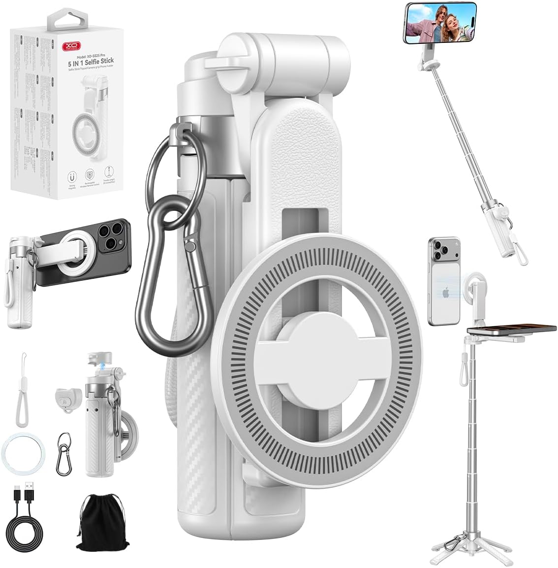 Upgrated 5-in-1 Magnetic Selfie Stick with Remote for Cell Phone 360° Rotation.Can Transforms into Mini Tripod/Camera