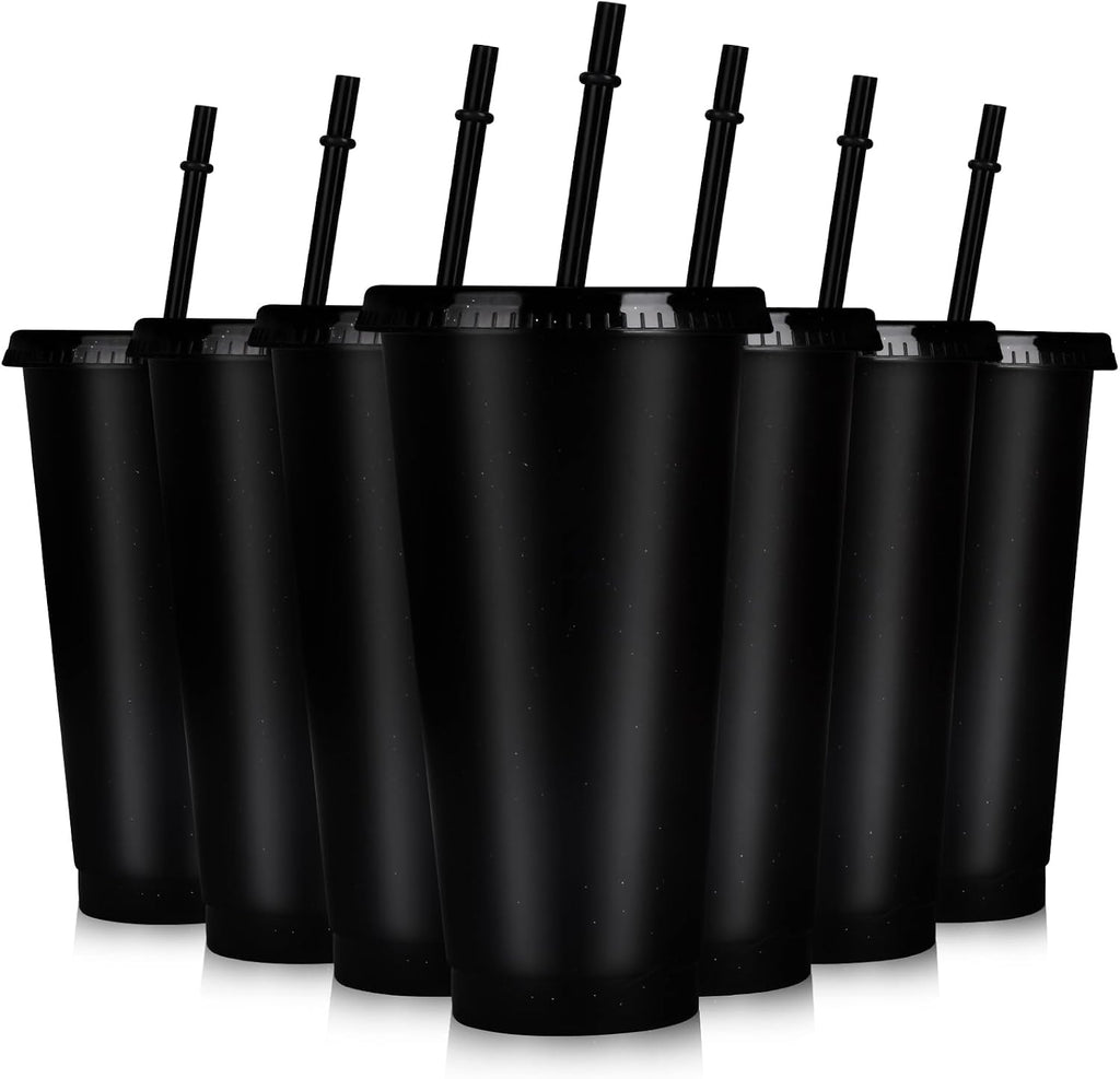 7 Sets Reusable Cups with Lids and Straws 24 oz Plastic Tumblers Black Party Favor Cups Water Bottle Iced Coffee