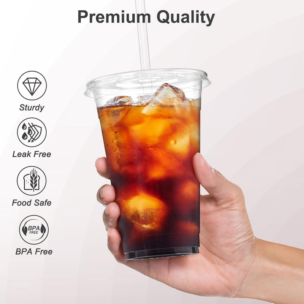 100 Pack - 24 oz Clear Plastic Cups with Lids and Straws