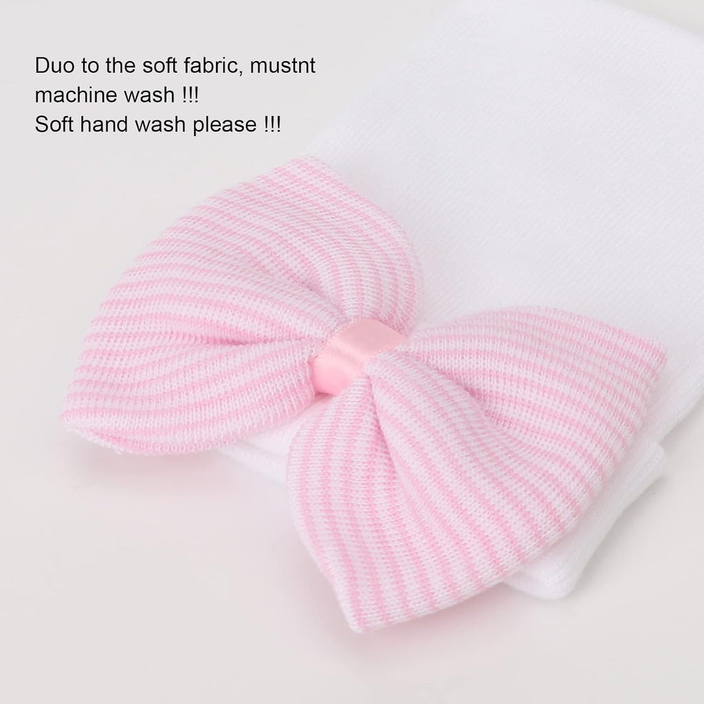 BQUBO Newborn Hospital Hat with Bow Cotton Infant Baby Cap Soft Cute Nursery Beanie Hat for Baby Girl Boy 0-3 Months