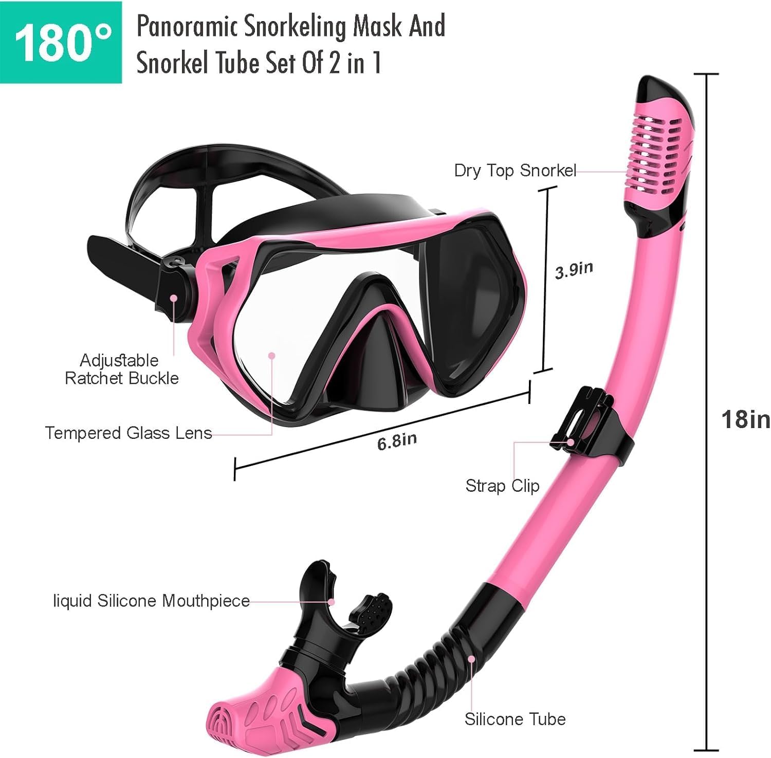Snorkeling Gear for Adults, JRing Snorkel Mask Set with 180 Degree Tempered Glass Anti Fog Goggles Scuba Dry Top