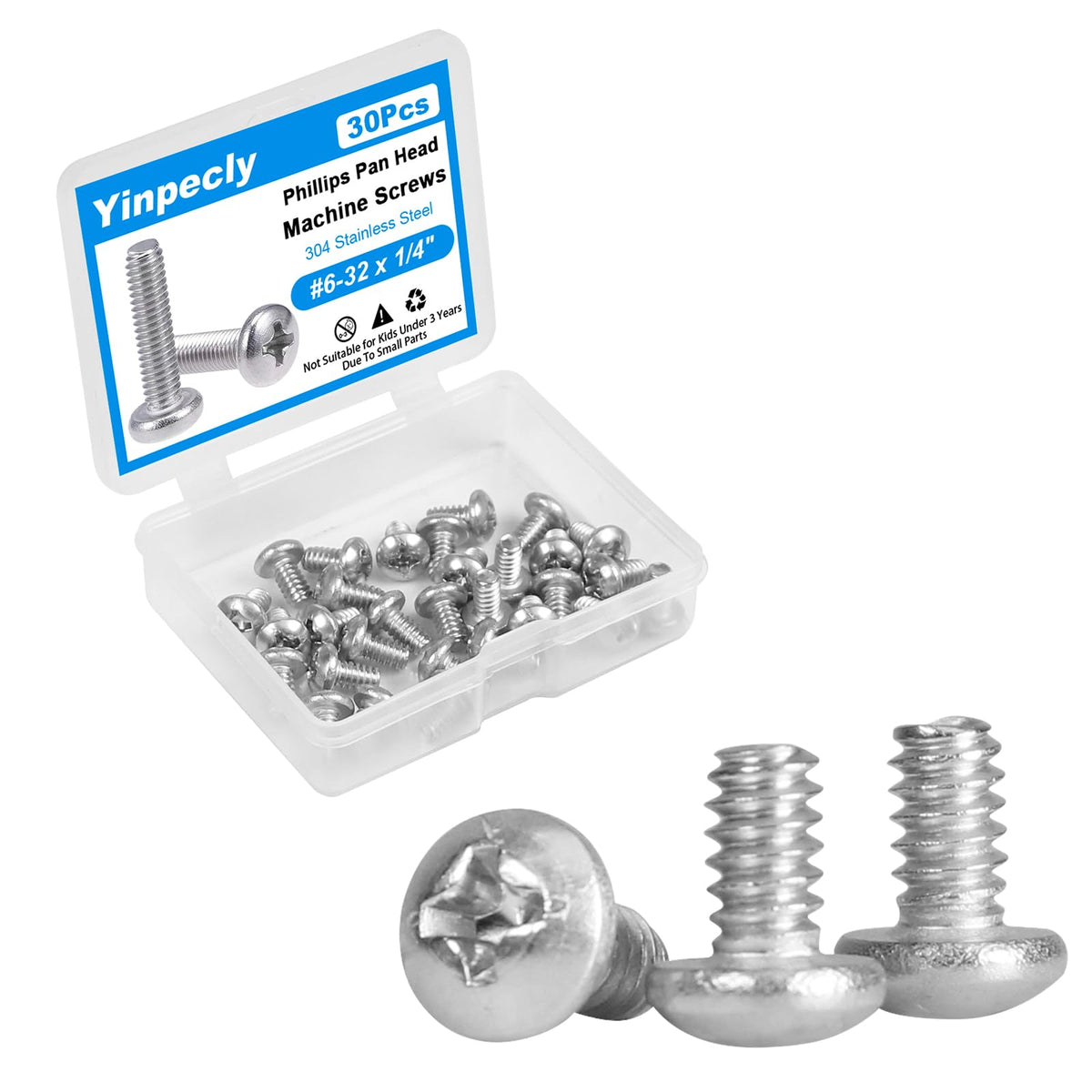 Yinpecly 30 Pcs #6-32 x 1/4" Pan Head Machine Screws 304 Stainless Steel