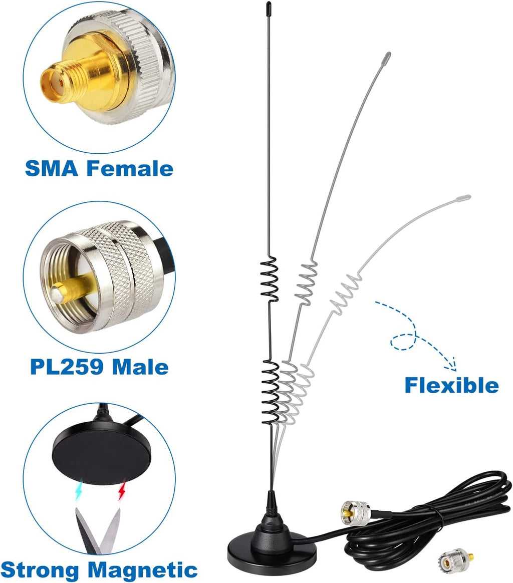 Mobile Ham Radio Antenna Dual Band VHF UHF 136-174MHz 400-520MHz | Magnetic Base PL259 Male Antenna for BTECH ICOM