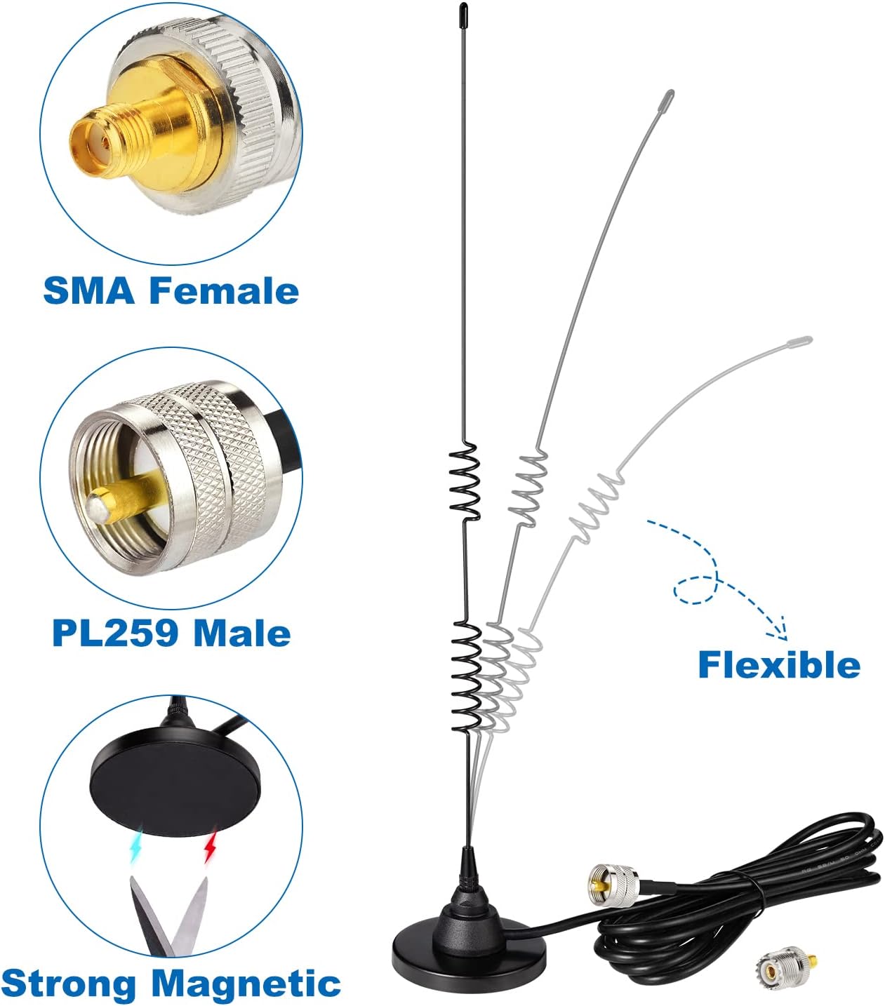 Mobile Ham Radio Antenna Dual Band VHF UHF 136-174MHz 400-520MHz | Magnetic Base PL259 Male Antenna for BTECH ICOM