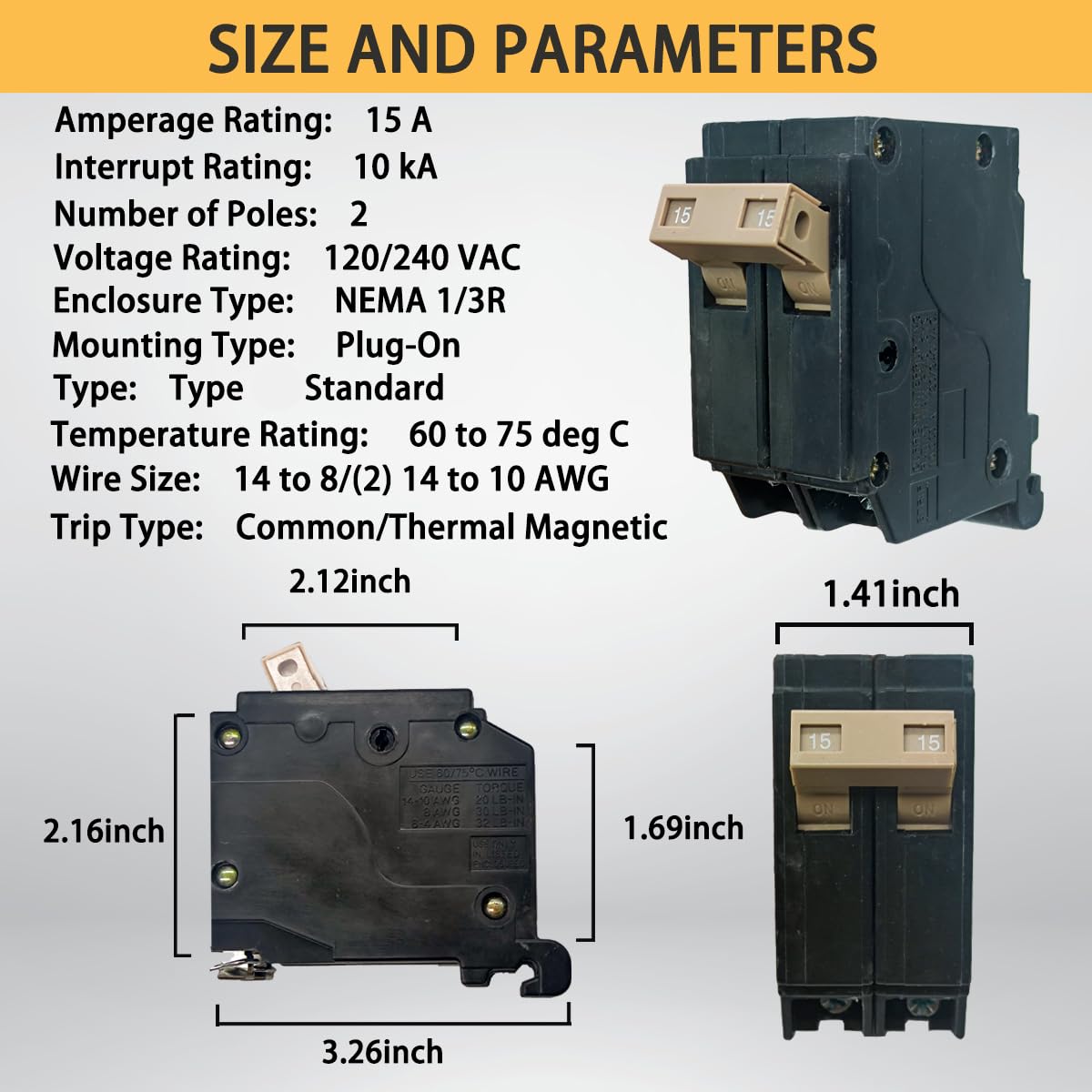 15 Amp 2-Pole Circuit Breaker, 3/4-Inch Plug-in Type Molded Case