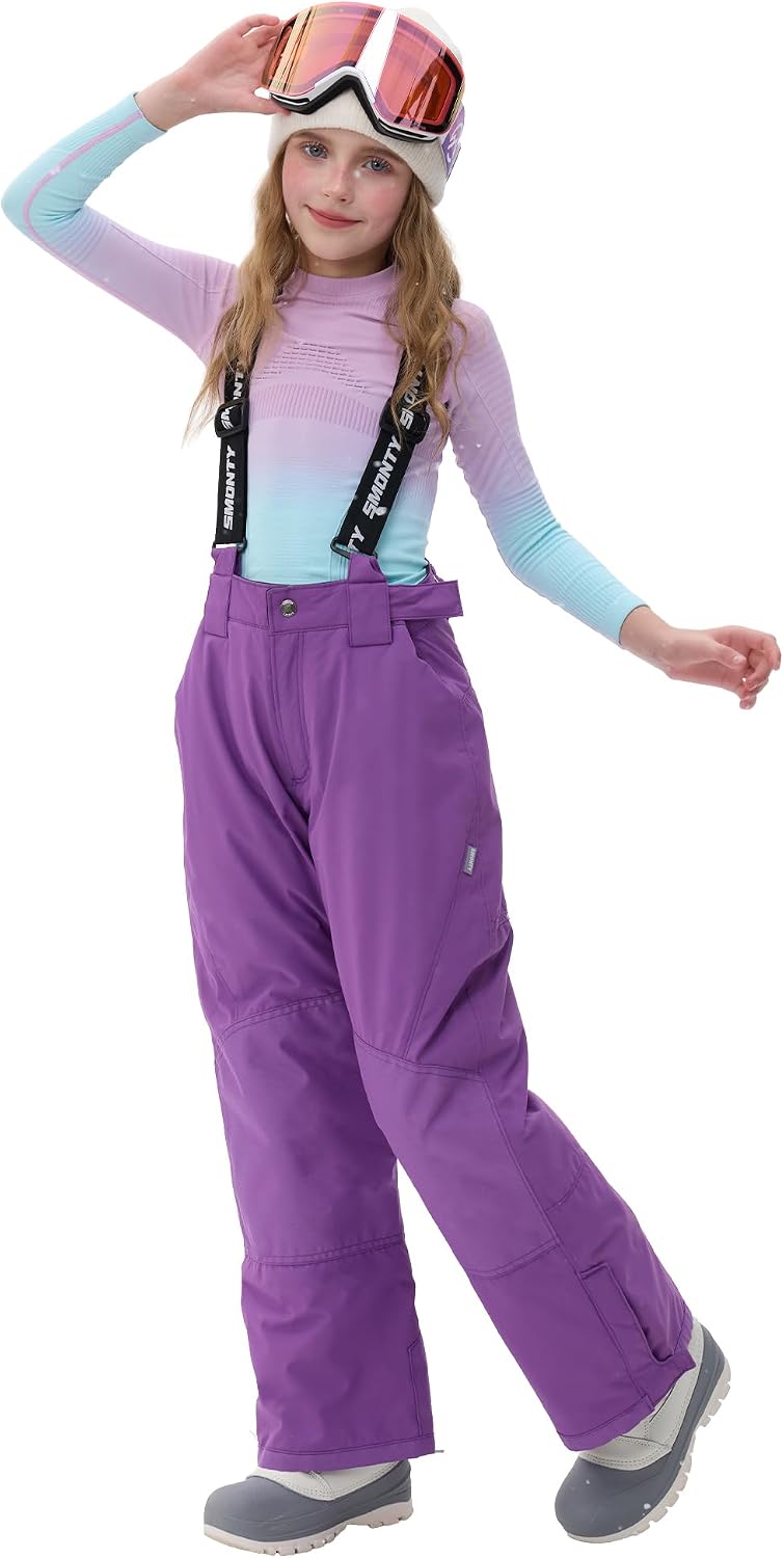 Kids Winter Ski Pant Snow Bibs Boys Girls Snow Trouser Waterproof Windproof Snowboard Warm Detachable Shoulder Straps