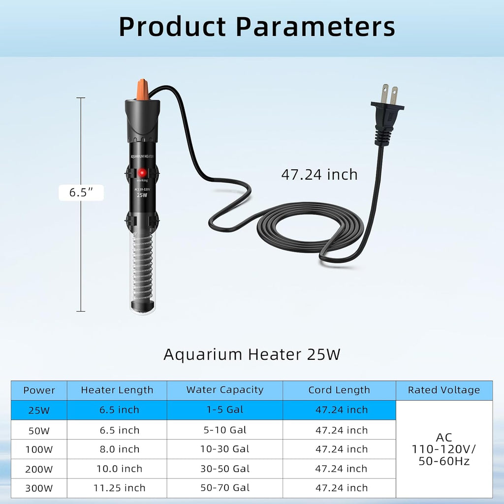 Aquarium Heater 25W/50W/100W/200W/300W, Adjustable Knob Fish Tank Heater with Digital Thermometer, Submersible