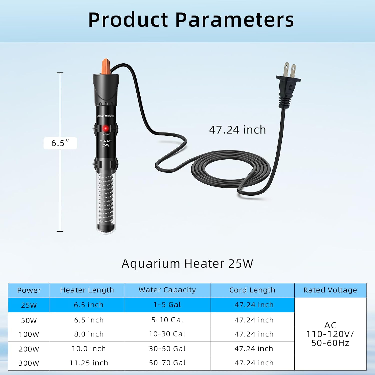 Aquarium Heater 25W/50W/100W/200W/300W, Adjustable Knob Fish Tank Heater with Digital Thermometer, Submersible
