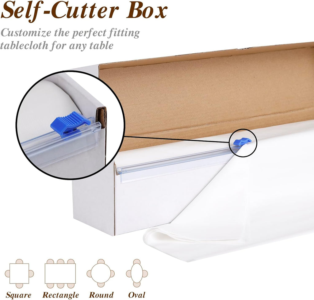 54 Inch X 300 Feet Plastic Table Cloths with Cutter Box, White Disposable Table Cover Roll, Plastic Tablecloth for