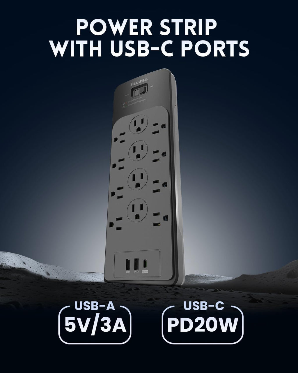 Surge Protector Power Strip 5FT | Black Surge Protector with 12 Outlets - Spacious Design for Large Plugs, Flat Plug