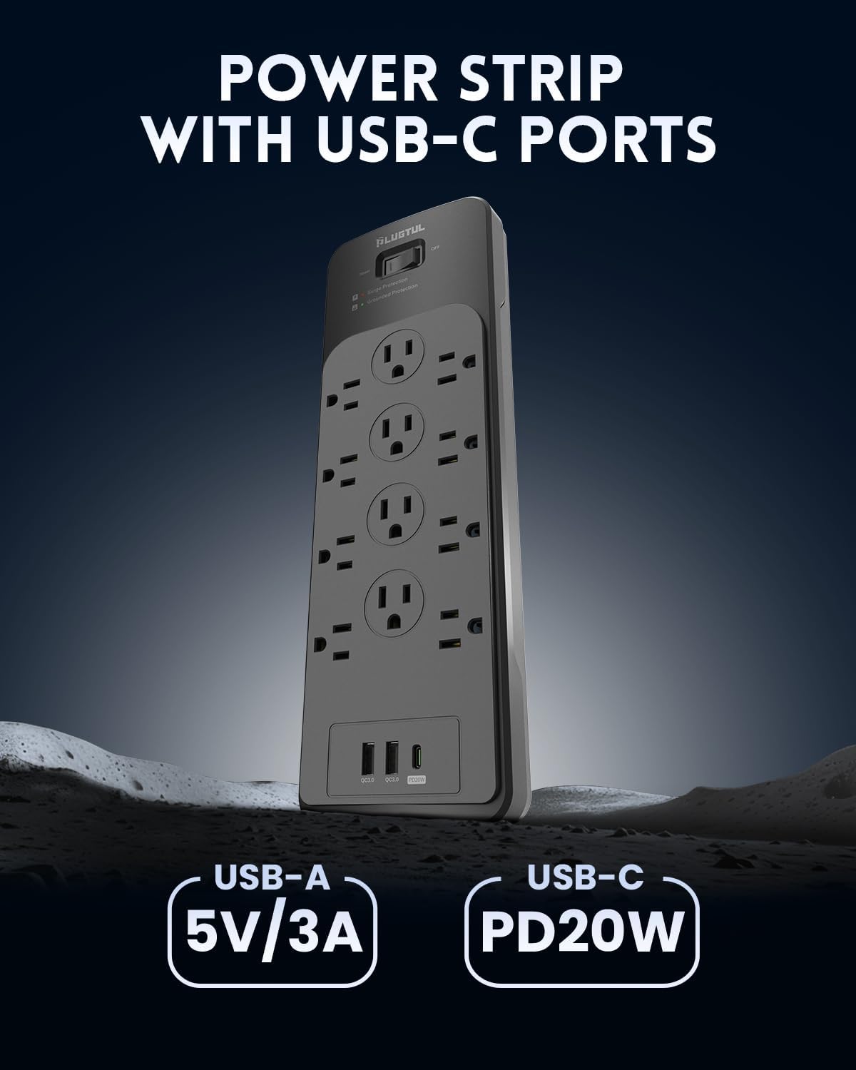 Surge Protector Power Strip 5FT | Black Surge Protector with 12 Outlets - Spacious Design for Large Plugs, Flat Plug