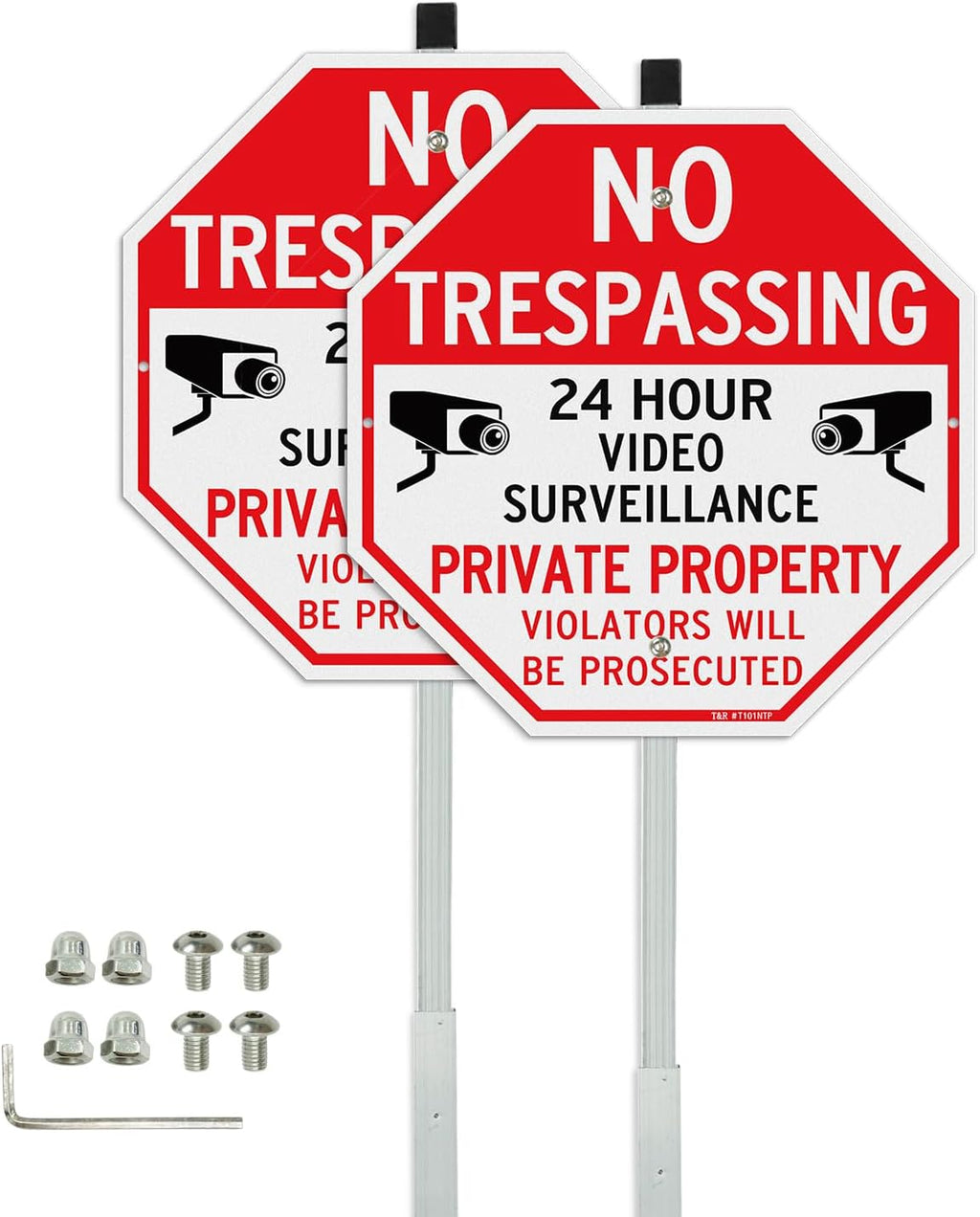 Large No Trespassing Private Property Sign Video Surveillance Sign with 36" Stake for Outside - 2 Pack - 12"x12" .040